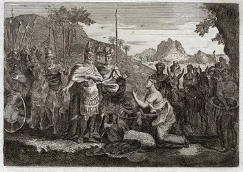 Bible de Royaumont, Ancien Testament : Abigaïl. Abigaïl, femme de Nabal, apaise la colère de David par sa sagesse. Illustration de 1811.