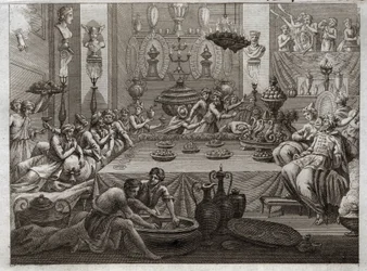 Bible de Royaumont, Ancien Testament : Balthazar condamné. Le roi Balthazar (Belshatsar) voit à table une main qui écrit en trois mots la fin de sa sentence. Illustration de 1811