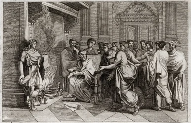 Bible de Royaumont, Ancien Testament : Baruch prophète. Le roi Joachim (Joakim, Joachin, Jéchonias) coupe le rouleau contenant les prophéties de Jérémie transcrites par son disciple Baruch (Baruch ben Neria) et le jette au feu. Illustration de 1811.