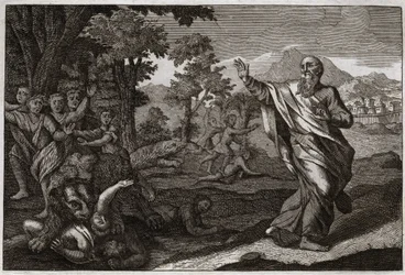 Bible de Royaumont, Ancien Testament : Enfants dévorés par des ours. Des enfants se moquant de la calvitie d