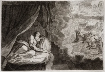 Bible de Royaumont, Ancien Testament : Vision de Daniel des quatre monarchies des Assyriens, Perses, Grecs et Romains. Ils voient quatre monstres : Haniel, Kafziel, Azriel, Aniel. Illustration de 1811.