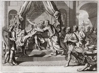 Bible de Royaumont, Ancien Testament : David joue de la harpe. Saül, rejeté par Dieu, est saisi par l