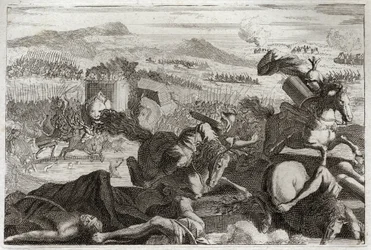 Bible de Royaumont, Ancien Testament : Mort de Judas. Défaite de Démétrios Ier Soter et Nicanor. Mort de Judas Maccabée au combat. Illustration de 1811.