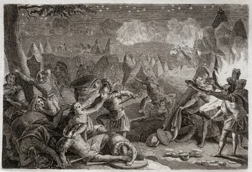 Bible de Royaumont, Ancien Testament : Défaite des Madianites par le son des trompettes et par les lumières des lampes. Illustration de 1811.