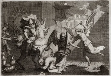 Bible de Royaumont, Ancien Testament : Héliodore chassé du temple. Héliodore (Héliodoros) envoyé par son souverain pour piller le Temple de Jérusalem, fut battu avec des verges par des anges. Illustration de 1811.