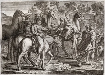 Bible de Royaumont, Ancien Testament : Retour de Jacob. Le retour de Jacob en terre de Canaan avec ses femmes, Rachel et Léa, et ses enfants. Illustration de 1811.