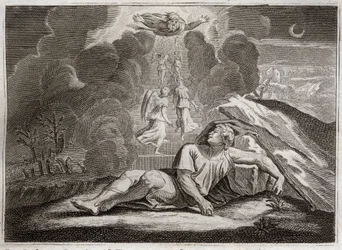 Bible de Royaumont, Ancien Testament : Échelle de Jacob. Jacob, fuyant la colère d