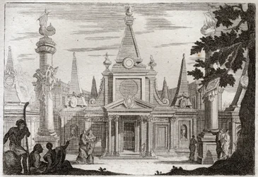 Bible de Royaumont, Ancien Testament : Simon, grand prêtre. Simon Maccabée (Maccabee, Macabee) succède à son frère Jonathas (Jonathan), élève un magnifique tombeau pour son père et ses frères, et est tué par trahison. Illustration de 1811.