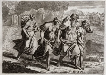 Bible de Royaumont, Ancien Testament : Sodome brûlée. Dieu, irrité par les crimes abominables de Sodome, la brûle avec les autres villes voisines, avec une pluie de feu et de soufre qu