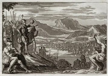 Bible de Royaumont, Ancien Testament : Soldats de Gédéon. Dieu commande à Gédéon (Gideon) de conduire toutes ses troupes au fleuve Jourdain, et lui donne un signe pour discerner ceux qu