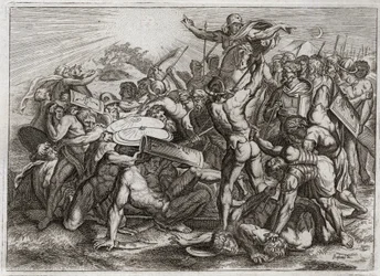 Bible de Royaumont, Ancien Testament : Arrêt du Soleil. Josué poursuivant ses ennemis amorites fait arrêter le Soleil pour avoir plus de temps pour les vaincre. Illustration de 1811.
