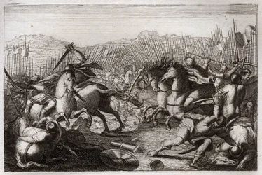 Bible de Royaumont, Ancien Testament : Victoire de Judas. Judas Maccabée (Machabée, Macabée) a vaincu Apollonius, Seron, Ptolémée Macron, Gorgias, Nicanor et Lysias dans diverses batailles. Illustration de 1811.