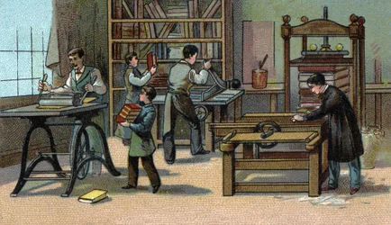 Atelier de reliure : Chromolithographie de la fin du XIXe siècle