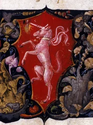 Blason décorant une licorne sur fond rouge. (Détail d