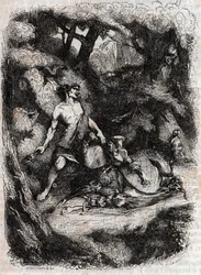 Bradamante terrassée par un géant - gravure de 1851 de « Roland furieux » (Orlando furioso) (16e siècle) par Ludovico Ariosto, traduit de l