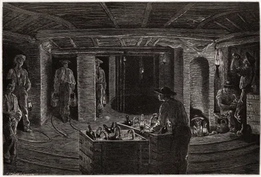 Petit déjeuner dans la mine, distribution et consommation de repas en paniers aux mineurs dans les galeries de charbon du Creusot. Gravure pour illustrer un voyage au Creusot et aux mines de Saône-et-Loire, en 1865, par L. Simonin, dans « Le tour du monde 