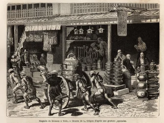 Boutique de bronze à Yedo (ou Edo, Tokyo actuel), spécialité de la ville, présentant des objets de culte bouddhiste : cloches, gongs, tambours, vases, candélabres, encens et statues, mais aussi des objets moins rituels tels que des boîtes à saké, des lampe