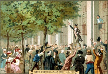 Camille Desmoulins au Palais Royal (12/07/1789). Chromolithographie du 19ème siècle - Révolution française / Camille Desmoulins appelle à la prise de la Bastille, Paris