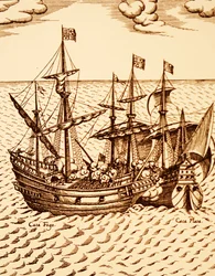 Capture du galion espagnol le Cagafuego par le Golden Hind dirigé par Francis Drake en mars 1579 (gravure)