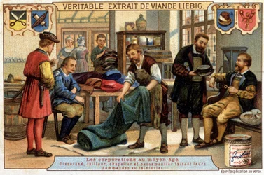 Métiers au Moyen Âge : tisserand, tailleur, chapelier et passementier commandant chez le teinturier - chromo Liebig