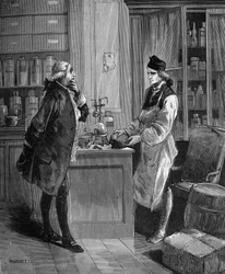 Carl William (Guillaume) Scheele (1742-1788), chimiste suédois dans son laboratoire avec Tobern Bergmann (1735-1784), chimiste.