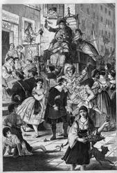 Carnaval à Rome : la promenade du Dr. Pasquin, coutume romaine. Il offre aux dames des balcons ses élixirs. Gravure dans « L