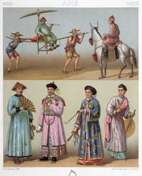 Chaises à porteurs, cavaliers et costumes en Chine - dans « Le costume historique » par Racinet
