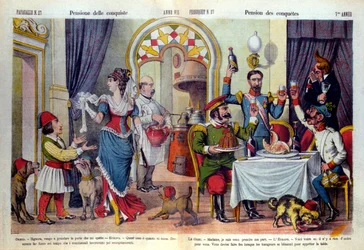 Caricature du journal italien « Le Parroquet » (il Pappagallo) sur le Congrès de Berlin (Congresso di Berlino) en 1878 (Conférence diplomatique). Le congrès de Berlin a été tenu pour examiner les injustices de la Russie envers la Turquie : les Turcs forcés