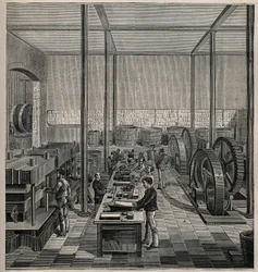 Celluloïd : fabrication de celluloïd. Gravure de 1885 dans « Les arts et métiers illustrés » par Adolphe Bitard