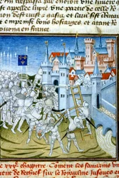 Charles Martel à Poitiers, 732 - Miniature du 14e siècle (réf. 512, 074r) Demande de permission à la Bibliothèque municipale de Toulouse (tél : 05 62 27 66 66)