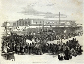 Manifestation chartiste à Kennington Common : un mouvement politique ouvrier, précurseur du socialisme, gravure de 1848