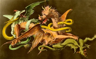 Chimères Un dragon combattant deux monstres. Gravure du 19ème siècle.