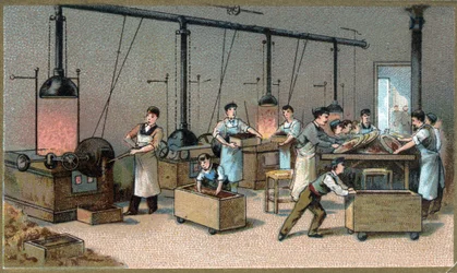 Fabrication du chocolat. Salle de torréfaction du cacao. Chromolithographie de la fin du 19e siècle.