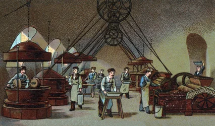 Fabrication du chocolat : atelier de broyage. Chromolithographie de la fin du XIXe siècle