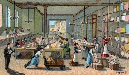 Fabrication de chocolat : emballage, expédition. Chromolithographie de la fin du XIXe siècle