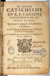 Religion chrétienne : Page de titre du grand catéchisme. Œuvre de Pierre Canisius (17e siècle)