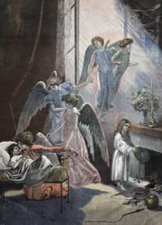 Enfant rêvant de Noël. Gravure du 19ème siècle