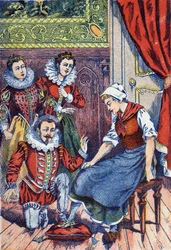 Cendrillon essaie la pantoufle. Illustration anonyme pour « Cendrillon », conte de Charles Perrault (1628-1703), écrivain français. Imagerie Marcel Vagne, Jarville Nancy, fin du XIXe siècle.