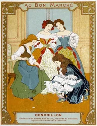 Cendrillon essaie la pantoufle de vair - étiquette publicitaire du Bon Marché