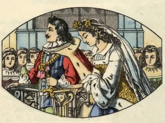 Le mariage de Cendrillon avec le prince. Illustration du conte de Charles Perrault "Cendrillon ou La petite pantoufle de verre"