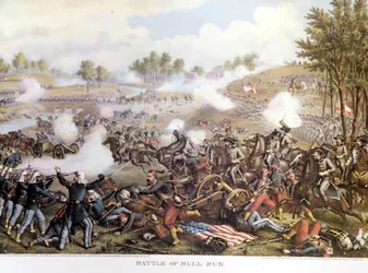 Guerre civile (1861 - 1865), guerre civile américaine 21/7/1861 : Première bataille de Bull Run ou première bataille de Manassas : Virginie, les confédérés commandés par le général Beauregard ont vaincu les troupes nordiques du général Mac Dowell. Gravure