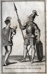 Costume civil et militaire des Lombards (Lombardie) au Moyen Âge. Gravure dans "Beauté de l
