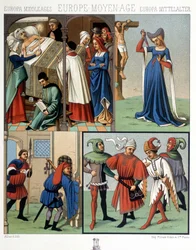 Costumes civils au Moyen Âge du XIVe au XVe siècle. Dans « Le costume historique » par A. Racinet