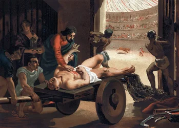 Claude Galien (Klaudios Galenos ou Claudio Galeno ou Claudius Galenus ou Galen, v. 131 - v. 201), médecin grec soignant un gladiateur. Barcelone 1881