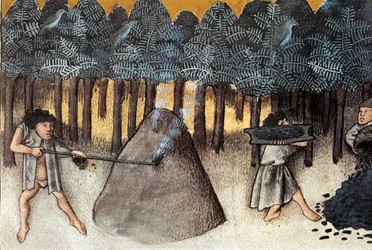 Exploitation minière du charbon, miniature tirée de De natura rerum, par Thomas de Cantimpré (XIIIe siècle)