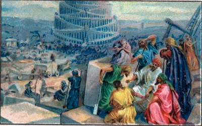 Construction de la tour de Babel. Chromolithographie de la fin du XIXe siècle.