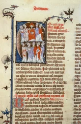 Concile de Nicée - enluminure de manuscrit (ancienne traduction latine des premiers conciles œcuméniques attribuée à Isidore), Moyen Âge (réf. 365, 351r). B. Mr. Toulouse. Demande d