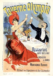 Couple trinquant avec du champagne - Affiche publicitaire pour la Taverne Olympia, par Jules Chéret, fin du 19e siècle