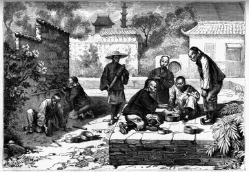 Combat de criquets à Pékin, Chine. Gravure dans « Le journal de la jeunesse »