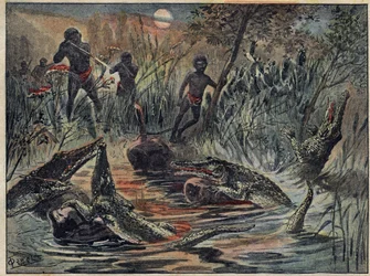 Chasse au crocodile au Niger avec un enfant comme appât. Illustration dans « Le Pèlerin » du 4 décembre.